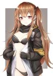  1girl :3 bangs black_bra black_gloves black_panties black_ribbon black_scarf bow bow_bra bra breasts brown_hair cleavage closed_mouth eyebrows_visible_through_hair fingerless_gloves girls_frontline gloves grey_background hair_ornament hair_ribbon hairclip hood hoodie long_hair looking_at_viewer luse_maonang medium_breasts navel open_clothes open_hoodie panties red_eyes ribbon scarf shiny shiny_hair sidelocks simple_background smile solo twintails two-tone_background ump9_(girls_frontline) underwear upper_body very_long_hair white_background yellow_bow 