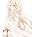  1girl bare_shoulders blonde_hair chains cuffs hiro_(hirohiro31) long_hair looking_at_viewer original red_eyes shackles simple_background solo wings 