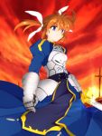  1girl armor armored_dress avan_kaiser avankaisar blouse brown_hair cosplay cowboy_shot excalibur fate/stay_night fate_(series) field_of_blades highres lyrical_nanoha mahou_shoujo_lyrical_nanoha planted_sword planted_weapon red_sky saber saber_(cosplay) skirt sky solo standing sword takamachi_nanoha twintails unlimited_blade_works violet_eyes weapon 