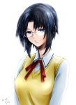  1girl 2015 blue_eyes blue_hair breasts ciel cosmos0317 dated glasses medium_breasts short_hair sketch smile solo sweater_vest tsukihime upper_body 