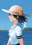  1girl bangs black_hair blush closed_eyes closed_mouth collarbone crying floating_hair from_side frown hair_between_eyes hat inami_hatoko lighthouse ocean original outdoors sailor_collar school_uniform serafuku solo straw_hat sun_hat upper_body white_neckerchief yellow_flower 