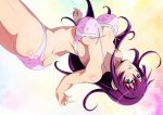  1girl arched_back ass bakemonogatari blue_eyes bra breasts butt_crack large_breasts long_hair looking_at_viewer monogatari_(series) panties parted_lips petal_print pink_bra pink_panties purple_hair senjougahara_hitagi solo tenkarin underwear upside-down 