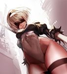  1girl blindfold breasts covered_navel highleg highleg_leotard hyury leotard looking_at_viewer looking_down mole mole_under_mouth nier_(series) nier_automata parted_lips perspective sword sword_behind_back thigh-highs weapon weapon_on_back yorha_no._2_type_b 