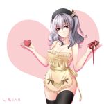  1girl apron artist_name beret black_legwear box breasts cleavage commentary_request gift gift_box grey_eyes hat heart heart_background highres kantai_collection kashima_(kantai_collection) mahou_shounen silver_hair smile solo thigh-highs two_side_up valentine white_background 