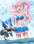  1girl appmon bikini bikini_skirt digimon digimon_universe:_appli_monsters dokamon female karan_eri multicolored_hair navel onomekaman pink_hair swimsuit tail twintails 