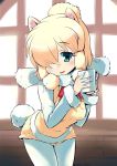  1girl alpaca_ears alpaca_suri alpaca_tail animal_ears blonde_hair commentary_request cowboy_shot cup fur_trim green_eyes hair_over_one_eye highres holding holding_cup horizontal_pupils indoors kemono_friends kurono_tokage leaning_forward long_sleeves looking_at_viewer open_mouth short_hair sidelocks solo tail white_legwear window 