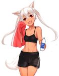  1girl :d abs animal_ears bottle collarbone dark_skin eyebrows_visible_through_hair fang fox_ears fox_tail hair_between_eyes highres long_hair looking_at_viewer mathew_(srmmk_mce) navel open_mouth original red_eyes shorts smile solo sports_bra sweat tail towel twintails water water_bottle white_hair wiping_sweat 