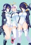  3girls :o ;d black_boots black_footwear black_hair blue_background blush boots breasts collar commentary_request crotch drawstring emperor_penguin_(kemono_friends) expressionless eyebrows_visible_through_hair eyelashes grey_hair hair_between_eyes hair_ornament hair_over_one_eye headphones hood hooded_jacket humboldt_penguin_(kemono_friends) jacket kemono_friends large_breasts leotard light_brown_eyes long_hair long_sleeves looking_at_viewer low_twintails mirai_denki multicolored_hair multiple_girls navel one_eye_closed one_leg_raised open_clothes open_jacket open_mouth orange_hair outstretched_arms pink_boots pink_footwear pocket red_eyes royal_penguin_(kemono_friends) shoelaces short_hair sidelocks simple_background smile socks tareme teeth thigh-highs tsurime tube_socks turtleneck twintails two-tone_hair white_hair white_leotard yellow_eyes zipper 