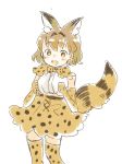 1girl :d adapted_costume animal_ears belt blush blush_stickers bow bowtie capelet cat_ears cat_tail clenched_hands commentary cowboy_shot cross-laced_clothes elbow_gloves eyebrows_visible_through_hair gloves kemono_friends light_brown_eyes light_brown_hair looking_at_viewer nose_blush onigiri_(ginseitou) open_mouth serval_(kemono_friends) serval_ears serval_print serval_tail shirt short_hair simple_background skirt sleeveless sleeveless_shirt smile socks solo striped_tail tail tareme thigh-highs white_background white_shirt zettai_ryouiki 