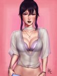  1girl 2017 artist_name black_hair black_lips bracelet breasts cleavage dated earrings freckles highres jewelry lips midriff mirco_cabbia navel necklace pink_background ring_necklace see-through sidelocks signature 