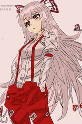  1girl 2017 :&lt; absurdres artist_name bow collared_shirt cowboy_shot dated eyebrows_visible_through_hair fujiwara_no_mokou hair_bow hair_ribbon hands_in_pockets high_collar highres long_hair long_sleeves looking_afar luxury_hyeon pants red_eyes ribbon shirt silver_hair solo standing suspenders touhou very_long_hair 