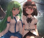  2girls :d bare_shoulders black_bow black_bowtie black_skirt bow bowtie buttons collared_shirt commentary_request detached_sleeves frog_hair_ornament green_eyes green_hair hair_ornament hand_in_another&#039;s_hair hat highres kochiya_sanae long_hair multiple_girls one_eye_closed open_mouth pointy_ears puffy_short_sleeves puffy_sleeves red_eyes red_hat shameimaru_aya shirt short_hair short_sleeves sitting skirt smile snake_hair_ornament tassel thkani tokin_hat touhou very_long_hair white_shirt wide_sleeves 