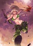  1girl absurdres bikini black_boots black_gloves blonde_hair blue_eyes boots breasts denizen_tomo dog_tags dragunov_(metal_slug) eye_scar fingerless_gloves full_body gloves green_bikini green_pants gun highres large_breasts light_smile long_hair metal_slug metal_slug_attack no_shirt one_eye_closed pants ponytail rifle scope scrunchie sniper_rifle solo suspenders swimsuit unzipped weapon weapon_request 