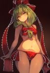  1girl alternate_costume arms_at_sides bei_mochi bikini blush breasts closed_mouth commentary_request cowboy_shot front_ponytail green_eyes green_hair hair_ribbon highres kagiyama_hina long_hair looking_at_viewer navel red_bikini red_ribbon ribbon small_breasts smile solo stomach swimsuit touhou 