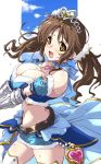  1girl :d bandeau bangs bare_shoulders belt blue_ribbon blue_skirt blush breasts brooch brown_eyes brown_hair choker cleavage cowboy_shot detached_sleeves eyebrows_visible_through_hair fur-trimmed_sleeves fur_trim gem granblue_fantasy greaves heart_choker hirowa_nagi huge_breasts idolmaster idolmaster_cinderella_girls jewelry long_hair looking_at_viewer microskirt navel neck_ribbon open_mouth puffy_detached_sleeves puffy_sleeves ribbon ribbon_choker skirt smile solo sweat thigh-highs totoki_airi twintails v_arms white_legwear yellow_eyes 