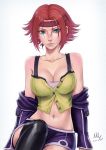  1girl 2016 bare_shoulders blue_eyes breasts cleavage code_geass headband highres jacket kallen_stadtfeld large_breasts lips midriff mirco_cabbia navel off_shoulder redhead short_hair short_shorts shorts solo thigh-highs 