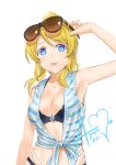  :p arm_at_side armpits ayase_eli bikini blonde_hair blue_eyes breasts character_name cleavage cowboy_shot highres jyon love_live! love_live!_school_idol_project medium_breasts shirt skindentation sunglasses sunglasses_on_head swimsuit swimsuit_under_clothes tied_shirt tongue tongue_out white_background 