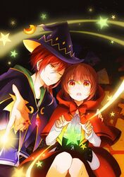  1boy 1girl anzu_(ensemble_stars!) arm_around_shoulder brown_eyes brown_hair cosplay dress earrings ensemble_stars! glowing halloween halloween_costume hood jewelry knees knees_touching little_red_riding_hood little_red_riding_hood_(cosplay) magic nail_polish one_eye_closed open_mouth red_nails sakasaki_natsume sky star star_(sky) starry_sky yellow_eyes 