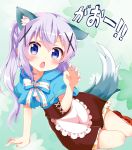  1girl :o alternate_hairstyle animal_ears apron arm_support blue_eyes chestnut_mouth claw_pose commentary_request eyebrows_visible_through_hair fake_animal_ears fake_tail gao gochuumon_wa_usagi_desu_ka? hair_between_eyes hair_ornament hairclip kafuu_chino long_hair looking_at_viewer massala purple_hair short_sleeves solo tail waitress wolf_ears wolf_tail x_hair_ornament 