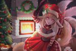  1girl ahri animal_ears artist_name bell bell_choker black_gloves blurry bow box breasts brown_hair choker christmas christmas_lights christmas_ornaments christmas_tree closed_mouth corset depth_of_field dress fire fireplace flower fox_ears fox_tail fur_trim gift gift_box gloves holding horns jingle_bell league_of_legends looking_up mary_montes medium_breasts mistletoe mistletoe_ahri multiple_tails poinsettia poro_(league_of_legends) red_bow red_dress red_eyes santa_costume smile solo tail tongue tongue_out watermark web_address whisker_markings wreath 
