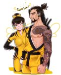  1boy 1girl ;) alternate_color alternate_costume alternate_hairstyle b.va_(overwatch) black_hair bodysuit breasts brown_eyes cropped_legs d.va_(overwatch) ecila facial_hair goatee grey_hair hair_bun hanzo_(overwatch) highres looking_at_viewer medium_breasts one_eye_closed overwatch pilot_suit short_hair single_sleeve smile thick_eyebrows topknot v yellow 