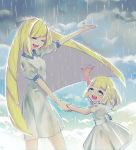  2girls bangs blonde_hair blunt_bangs blush braid child closed_eyes clouds cloudy_sky dress hand_holding happy highres kisaragi_yuu_(fallen_sky) lillie_(pokemon) long_hair lusamine_(pokemon) mother_and_daughter multiple_girls music outdoors outstretched_arms pokemon pokemon_(game) pokemon_sm rain ribbon short_sleeves singing sky very_long_hair wet wet_clothes white_dress 