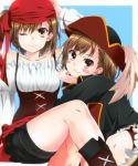  2girls :3 alternate_costume bandanna black_boots black_hat black_jacket black_shorts blush_stickers boots brown_eyes brown_hair chin_rest cross-laced_footwear hand_on_own_head hat jacket kneeling last_order long_sleeves looking_at_viewer misaka_mikoto momoiro_tanuki multiple_girls off_shoulder one_eye_closed pirate shirt short_hair short_shorts shorts siblings sisters sitting smile to_aru_kagaku_no_railgun to_aru_majutsu_no_index tricorne white_shirt 