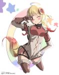  1girl blonde_hair blush contrapposto cowboy_shot dog_tail doran_(dorannomai) gloves gradient_hair halo hand_on_hip highres magical_girl mahou_shoujo_ikusei_keikaku mahou_shoujo_ikusei_keikaku_limited multicolored_hair one_eye_closed rain_pou solo star tail twintails twitter_username v v_over_eye 