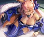  1girl animal_ears bare_shoulders bed_sheet blanket blue_legwear bow breasts cleavage collar commentary_request detached_sleeves downblouse fate/extra fate_(series) fox_ears fox_tail hair_bow hair_ribbon indoors japanese_clothes large_breasts pelvic_curtain pink_hair ribbon smile solo sue_(bg-bros) tail tamamo_(fate)_(all) tamamo_no_mae_(fate) thigh-highs yellow_eyes 