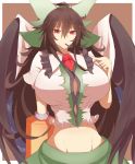  1girl arm_cannon bird_wings black_hair black_wings bow breasts cannibalism cape cleavage crop_top curvy frilled_shirt_collar frills green_bow green_skirt groin hair_between_eyes hair_bow highres huge_breasts long_hair looking_at_viewer lowleg lowleg_skirt midriff mouth_hold navel red_eyes reiuji_utsuho shirt skirt solo third_eye touhou uchisukui undersized_clothes upper_body very_long_hair weapon white_shirt wings 