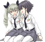  2girls anchovy arm_around_shoulders black_hair black_ribbon blush breasts brown_eyes days135 drill_hair girls_und_panzer green_hair highres medium_breasts multiple_girls necktie pantyhose pepperoni_(girls_und_panzer) ribbon sketch sweatdrop twintails white_background yellow_eyes yuri 