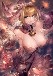  1girl :d bare_back bare_shoulders belt breasts chains cleavage collar detached_collar detached_sleeves fate/grand_order fate_(series) flower from_above green_eyes highres large_breasts lock looking_at_viewer open_mouth outstretched_arms padlock saber_bride saber_extra signo_aaa smile thigh-highs veil wreath 