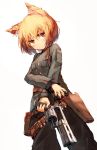  1girl animal_ears beize_(garbage) belt blonde_hair blush bullet character_request commentary_request copyright_request cowboy_shot frown gun handgun highres holding holster long_sleeves looking_at_viewer red_eyes revolver short_hair solo weapon 