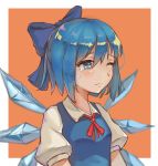  absurdres blue_dress blue_eyes blue_hair cirno crying crying_with_eyes_open dress highres ice ice_wings kinto-kuwa one_eye_closed orange_background simple_background tears touhou wings 
