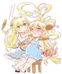  2girls barefoot big_belly blonde_hair blush charlotta_(granblue_fantasy) dress eating feeding granblue_fantasy hair_ornament holding long_hair looking_at_another melissabelle messy_hair multiple_girls one_eye_closed open_mouth pointy_ears simple_background sitting stool vee_(granblue_fantasy) very_long_hair wavy_hair white_background zanzi 