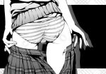  1girl ass black_background cleaned from_behind greyscale highres kantoku kurumi_(kantoku) monochrome open_clothes open_skirt original panties plaid plaid_skirt pleated_skirt resized shadow shiny shiny_skin simple_background skirt solo striped striped_panties underwear undressing 