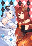  2girls anthuria argyle argyle_background bangs bare_back bare_shoulders black_gloves blue_flower blue_hair breasts brown_hair cleavage covered_navel doraf dress elbow_gloves erun_(granblue_fantasy) eyebrows_visible_through_hair frills gloves gradient_hair granblue_fantasy hair_between_eyes hair_ornament hair_over_one_eye halterneck hat highres horns izmir large_breasts lio_(rumei2265874644) long_hair looking_at_viewer medium_breasts multicolored_hair multiple_girls open-back_dress orange_hair parted_lips pointy_ears red_dress red_eyes smile symmetry under_boob underbust very_long_hair white_dress white_gloves white_hat 