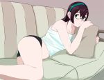  1girl black_hair black_panties blush couch glasses hairband kantai_collection long_hair looking_at_viewer lying midriff ojipon on_couch on_side ooyodo_(kantai_collection) panties pillow pillow_hug semi-rimless_glasses solo under-rim_glasses underwear 