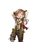  1boy arms_behind_back brown_hair child granblue_fantasy lamorak_(granblue_fantasy) male_focus minaba_hideo official_art one_eye_closed red_eyes shorts smile solo transparent_background younger 