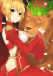  &gt;:3 1girl :3 ahoge back bangs braid breasts closed_mouth dress epaulettes fate/extra fate_(series) french_braid from_side hair_between_eyes hair_bun hair_intakes hair_ribbon highres juliet_sleeves lio_(rumei2265874644) lion long_sleeves looking_at_viewer looking_back medium_breasts open-back_dress panties panty_peek puffy_sleeves red_dress red_ribbon ribbon saber_extra short_hair sidelocks smile solo underwear upper_body white_panties 