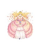  1girl absurdres blonde_hair blue_eyes breasts cleavage dress floating_hair full_body highres jewelry large_breasts long_hair looking_at_viewer necklace official_art outstretched_arms petals queen_aishasha ring solo thousand_memories tiara transparent_background 
