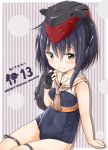  arm_support asymmetrical_hair bare_arms black_hair blush brown_eyes character_name fingerless_gloves gloves hair_between_eyes hand_on_own_shoulder hat headphones i-13_(kantai_collection) kantai_collection looking_at_viewer neckerchief parted_lips school_swimsuit short_hair single_glove skindentation striped striped_background swimsuit thigh_strap tobi_(nekomata_homara) 