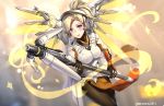  1girl armor aruma_jiki blonde_hair blue_eyes blush bodysuit breastplate breasts brown_gloves brown_legwear cowboy_shot eyelashes faulds gloves glowing glowing_wings gun headgear high_ponytail holding holding_gun holding_staff holding_weapon legs_together loincloth long_sleeves looking_at_viewer mechanical_halo mechanical_wings medium_breasts mercy_(overwatch) overwatch pantyhose parted_lips pelvic_curtain ponytail short_ponytail skin_tight smile solo spread_wings staff turtleneck twitter_username weapon wings yellow_wings 