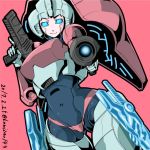  1girl arcee armor autobot blue_eyes breasts glowing glowing_eyes glowing_sword glowing_weapon gun handgun holding holding_weapon kamizono_(spookyhouse) looking_at_viewer machine machinery mecha no_humans pink_background robot smile solo sword transformers twitter_username weapon weapon_in_garters 