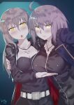  2girls ahoge belt blush breast_lift fate/grand_order fate/stay_night fate_(series) fur_trim grey_hair highres jacket jeanne_alter jewelry multiple_girls nanaya_(daaijianglin) necklace ponytail ruler_(fate/apocrypha) saber saber_alter yellow_eyes 