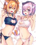  &gt;:d 2girls :d :o animal_ears asymmetrical_hair bell bell_choker black-framed_eyewear black_bra black_choker black_panties black_ribbon blush bra breasts cat_cutout cat_ear_panties cat_ears cat_lingerie cat_tail choker claw_pose cleavage cleavage_cutout collarbone cowboy_shot eyebrows_visible_through_hair fang fate/grand_order fate_(series) frilled_bra frills fujimaru_ritsuka_(female) glasses glint hair_over_one_eye hand_holding heart highres interlocked_fingers intertwined_tails jingle_bell long_hair looking_at_viewer medium_breasts meme_attire multiple_girls navel open_mouth orange_eyes orange_hair panties pink_hair raised_eyebrows ribbon semi-rimless_glasses shielder_(fate/grand_order) side-tie_panties side_ponytail smile standing stomach strap_gap tail tyanotya under-rim_glasses underwear underwear_only violet_eyes white_bra white_choker white_panties white_ribbon 