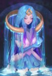  1girl artist_name blue_gloves blue_skirt breasts closed_eyes closed_mouth elementalist_lux eyeshadow gloves league_of_legends lipstick long_hair luxanna_crownguard makeup mary_montes medium_breasts partially_submerged purple_lipstick skirt solo standing water watermark web_address 