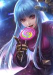 1girl :d bangs blue_hair blunt_bangs blurry bodysuit breasts candy commentary depth_of_field dutch_angle food glint gloves highres holding holding_food kula_diamond leaning_forward lights lollipop long_hair looking_at_viewer medium_breasts open_mouth pointing red_eyes smile solo sparkle swirl_lollipop tan_yau_lim the_king_of_fighters very_long_hair 