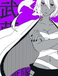  1girl bleach breasts budget_sarashi cigarette cleavage collarbone crossed_arms dark_skin expressionless glasses hair_between_eyes haori japanese_clothes kantai_collection multiple_monochrome musashi_(kantai_collection) navel pointy_hair purple_background sarashi short_hair_with_long_locks smoke smoking solo toma_(tomatooo018) touma_(tomatooo018) two_side_up violet_eyes 
