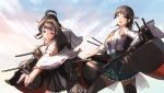  2girls ahoge black_eyes blue_sky breasts brown_hair clouds detached_sleeves doraxi hiei_(kantai_collection) kantai_collection kongou_(kantai_collection) long_hair multiple_girls nontraditional_miko rigging short_hair sketch sky thigh-highs thighs turret 